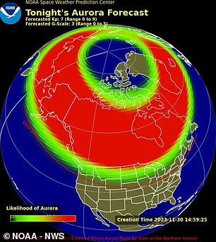 Die für heute Abend, den 30. November 2023, prognostizierte Polarlichter werden sich nach Angaben des Space Weather Prediction Center der NOAA dank einer Welle ankommender Sonnenstürme tiefer als üblich in die kontinentalen Vereinigten Staaten ausbreiten