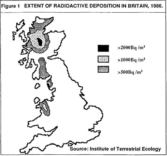 Das Vereinigte Königreich wurde bereits zuvor von Nuklearkatastrophen im Ausland heimgesucht. Diese Karte, die 1993 an Abgeordnete ausgegeben wurde, zeigt die Gebiete des Vereinigten Königreichs, die am stärksten von den Folgen der Explosion im Kernkraftwerk Tschernobyl im Jahr 1986 betroffen waren