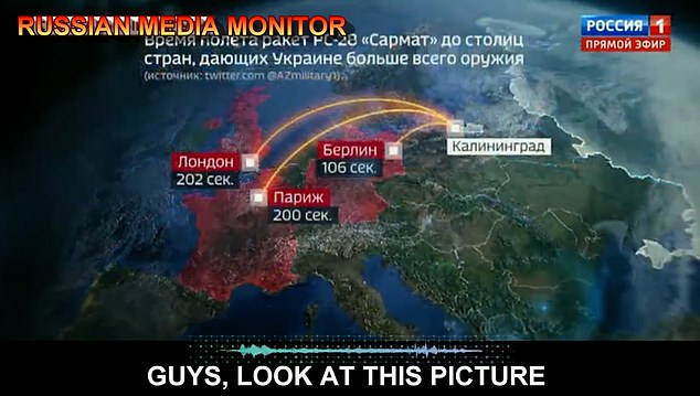 Letztes Jahr veröffentlichte das russische Staatsfernsehen eine Karte, die offenbar zeigen sollte, wie lange es dauern würde, bis russische Raketen Großbritannien, Frankreich und Deutschland treffen würden, wenn sie von Kaliningrad aus abgefeuert würden