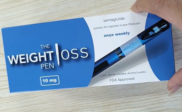 Boxes of the product, shown on the page's TikTok account, are labelled with 'The Weight Loss Pen', 'semaglutide' and 'FDA approved'