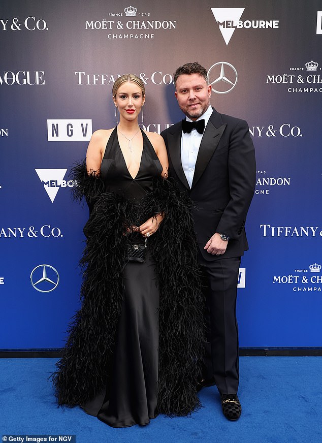 Society couple Jaimee Belle Kennedy and James Kennedy made it a date night, each opting for high fashion black ensembles. Both pictured