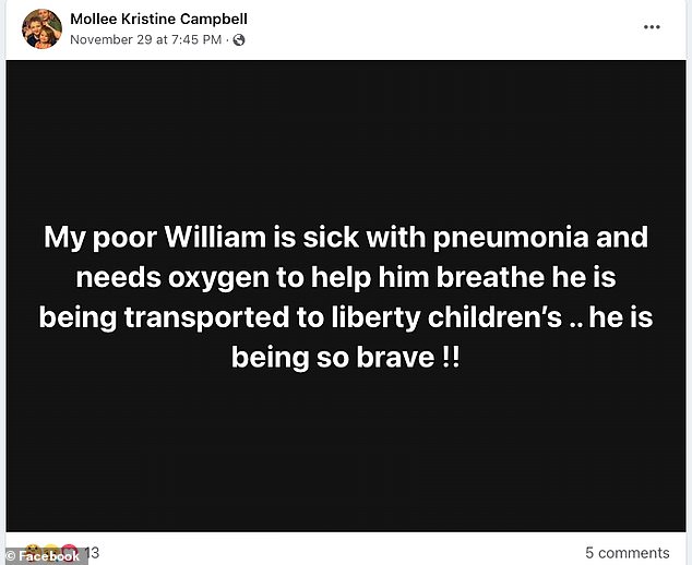 Seine Mutter Mollee postete auf Facebook über die Krankheit ihres Kindes