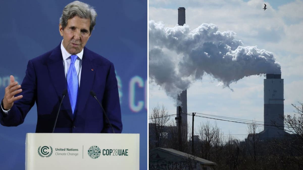 Eine Collage aus John Kerry und Rauch aus einem Kohlekraftwerk