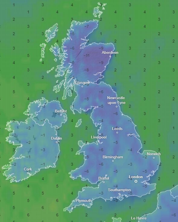 Wetterkarte mit Minustemperaturen im ganzen Land