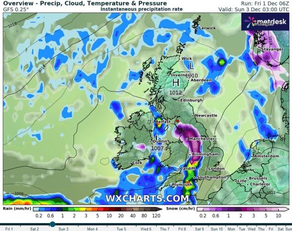 Wetterkarte mit Schnee in Wales