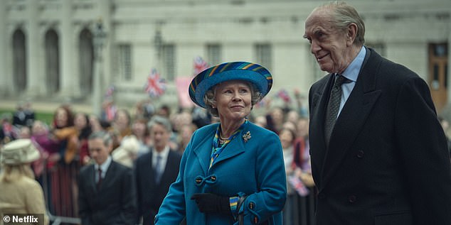 Here, actress Imelda Staunton and actor Jonathan Pryce play the late Queen and Prince Philip during a royal engagement
