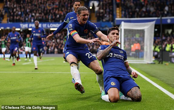 LONDON, ENGLAND - DECEMBER 03: Enzo Fernandez of Chelsea celebrates with teammate Conor Gallagher after scoring the team's first goal during the Premier League match between Chelsea FC and Brighton & Hove Albion at Stamford Bridge on December 03, 2023 in London, England. (Photo by Chris Lee - Chelsea FC/Chelsea FC via Getty Images)