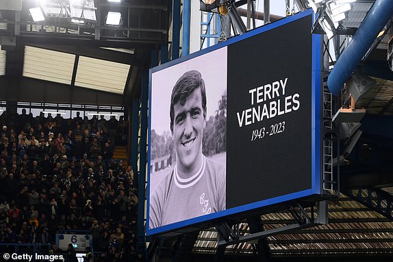 LONDON, ENGLAND - DECEMBER 03: The LED board shows a tribute to the late Terry Venables prior to the Premier League match between Chelsea FC and Brighton & Hove Albion at Stamford Bridge on December 03, 2023 in London, England. (Photo by Mike Hewitt/Getty Images)