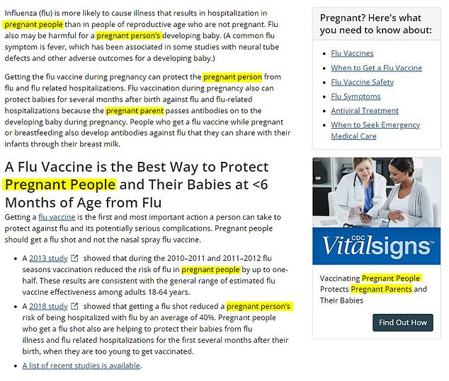 In den Grippeimpfstoffrichtlinien des CDC, die am 7. September 2023 aktualisiert wurden, wurden schwangere Frauen überhaupt nicht erwähnt und stattdessen der Begriff „schwangere Menschen“ verwendet