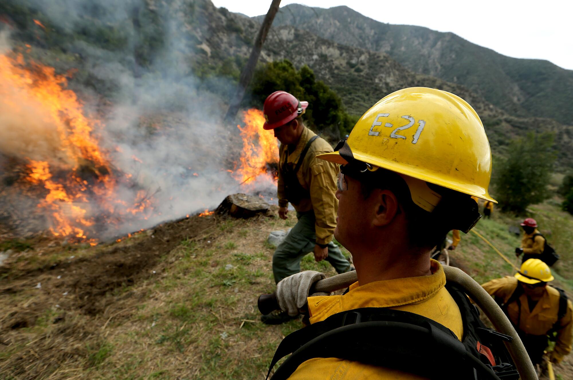 Feuerwehrleute des US Forest Service verbrennen Berge von Waldschutt.
