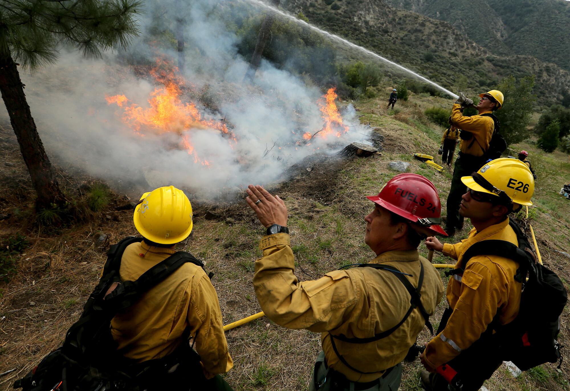 Ein Besatzungsmitglied des Forstdienstes sprüht Wasser auf eine Vegetation am Rande eines vorgeschriebenen Feuers.
