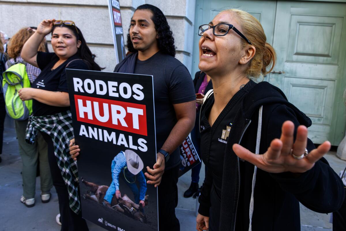Eine Reihe von Menschen, von denen einer spricht und ein anderer einen hält "Rodeos verletzen Tiere" Zeichen.