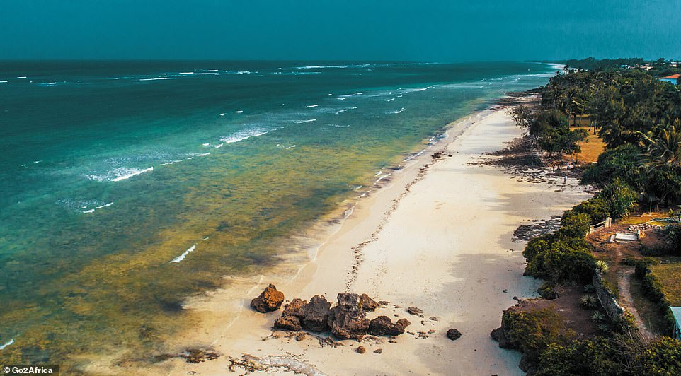 Go2Africa says guests will spend three days enjoying the 'azure waters' and white sand of Diani Beach (pictured)