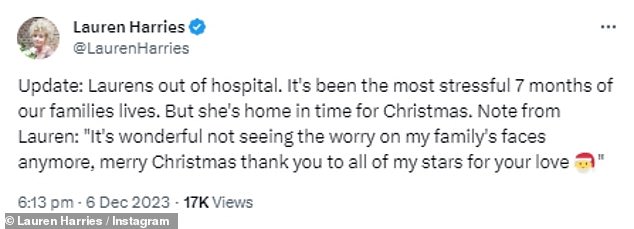 Darin stand: „Update: Laurens aus dem Krankenhaus.“  Es waren die stressigsten 7 Monate im Leben unserer Familie.  Aber sie ist pünktlich zu Weihnachten zu Hause.