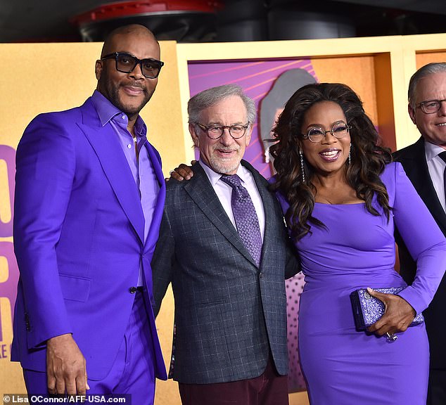 After getting in her solo shots, Oprah was eager to mingle with director Steven Spielberg and pal Tyler Perry