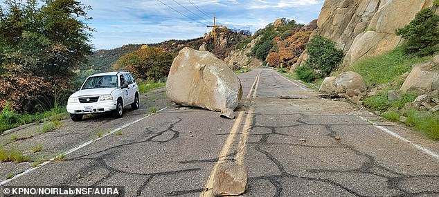 The road leading to the observatory was closed after the 2022 Contreras Fire. Pictured: a rockslide that occurred in the aftermath of the wildfire