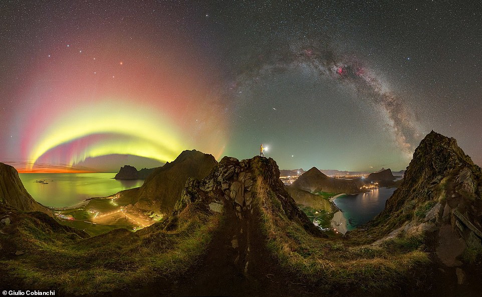This spectacular 'double arc' panorama was captured by photographer Giulio Cobianchi in the Lofoten Islands, Norway. Revealing the conditions that need to align to create such a dazzling image of both the Northern Lights and the Milky Way, he said: 'The aurora needs to be visible only to the north, it has to be a moonless night, and clear skies are essential. This ephemeral moment may last only seconds or minutes'