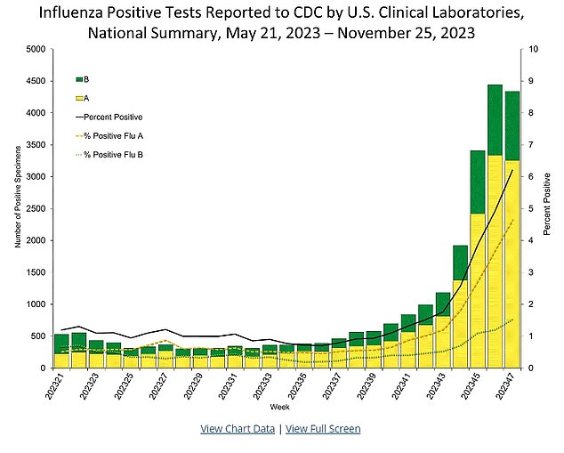 Das Obige zeigt, wie Grippeinfektionen in den USA zunehmen, insbesondere die Testpositivität – schwarze Linie – die den Anteil der Tests zeigt, bei denen das Virus festgestellt wurde