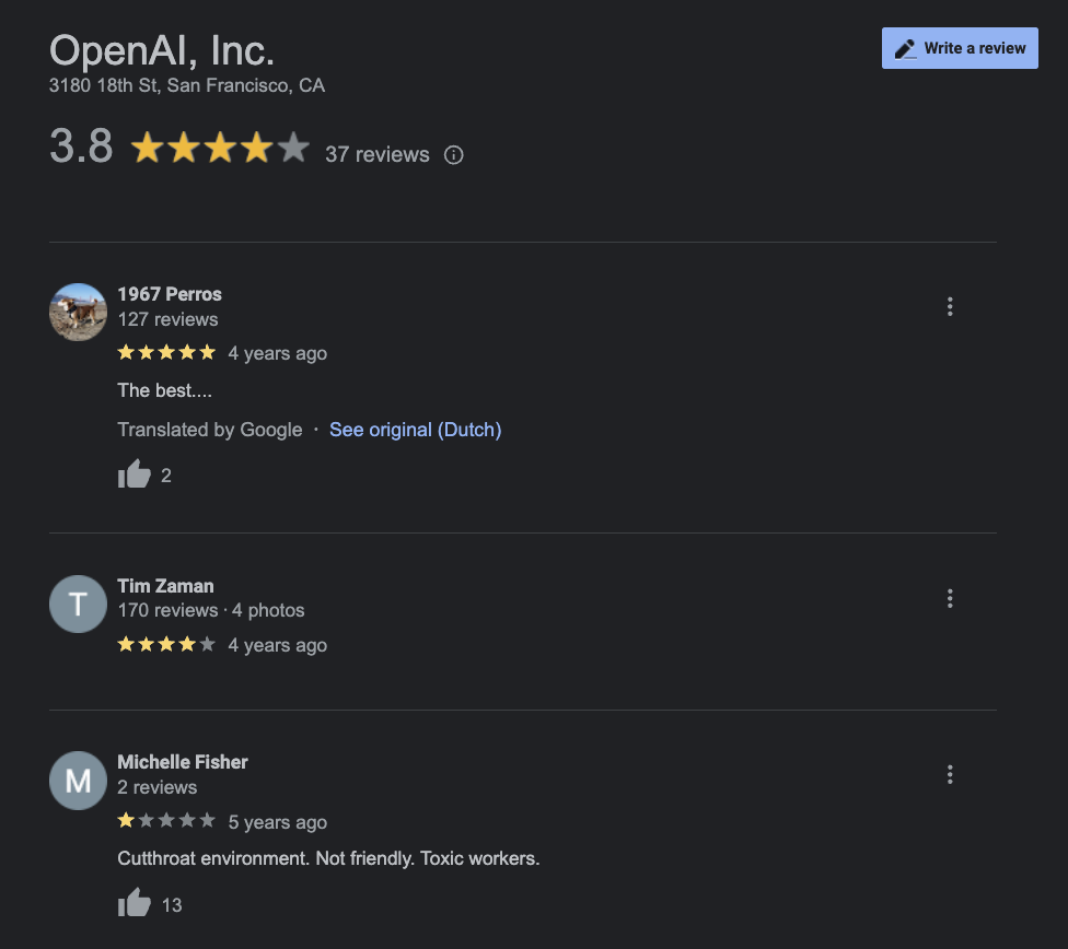 Google-Rezension für Openai Toxic Workers