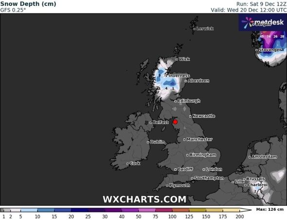Diese Wetterkarte zeigt am 20. Dezember Schneehöhen von mehr als 15 cm