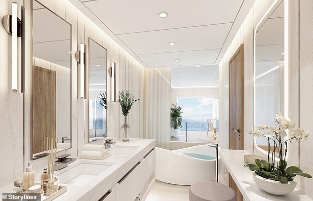 Hier finden Sie ein luxuriöses Badezimmer mit Waschbecken für Sie und Ihn und einer freistehenden Badewanne