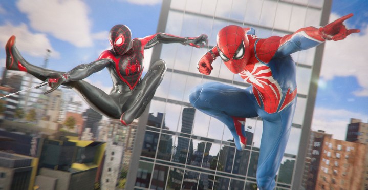 Peter und Miles springen in Marvels Spider-Man 2 in die Luft.
