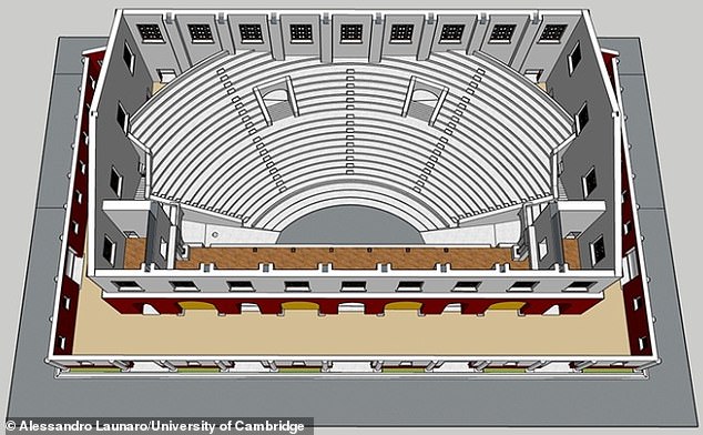 Künstlerische Darstellung des Theaters, das etwa 1.500 Zuschauern Platz bot und dessen Dach eine Spannweite von 80 Fuß hatte, genug, um es mit einigen der größten Dächer der römischen Welt in Einklang zu bringen
