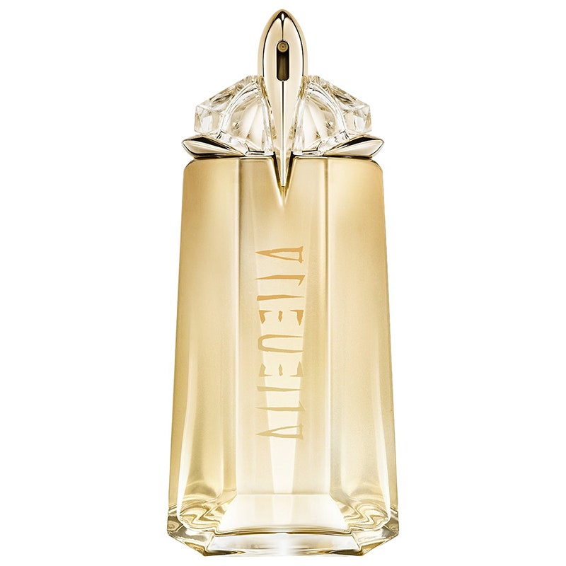 Mugler Alien Goddess Eau de Parfum: Eine goldene Parfümflasche auf weißem Hintergrund