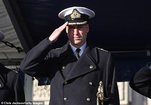 Prince William, 41, was pictured mid-salute as he donned a navy uniform for the occasion earlier today