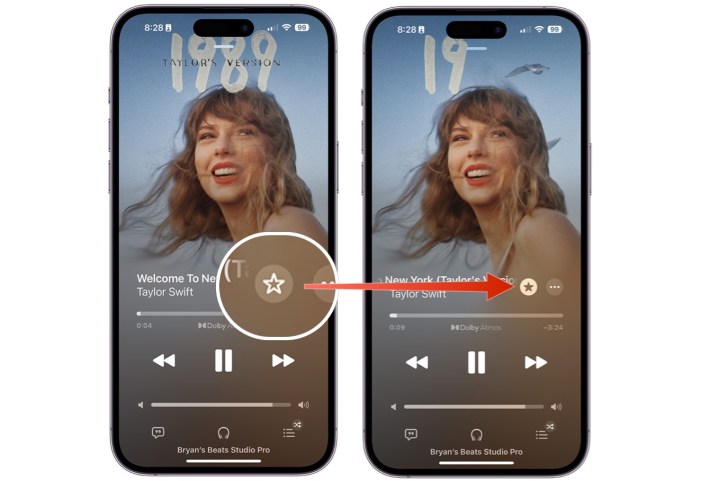 Screenshots, die zeigen, wie man einen Song auf Apple Music über den Bildschirm „Aktuelle Wiedergabe“ zu seinen Favoriten hinzufügt. 