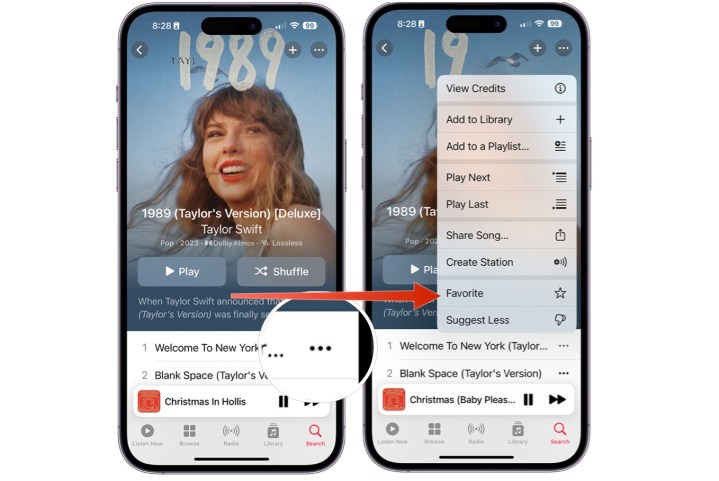 Screenshots, die zeigen, wie man einen Song in Apple Music auf dem iPhone zu seinen Favoriten hinzufügt.