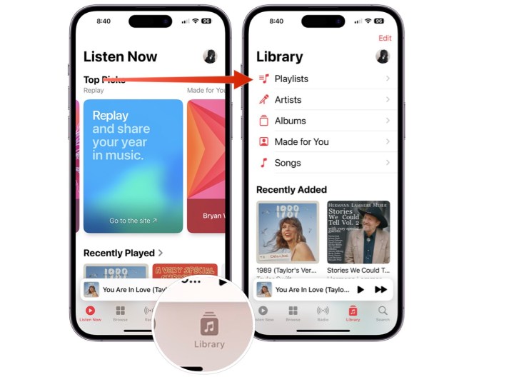 Screenshots zeigen, wie Sie die Wiedergabeliste „Lieblingslieder“ in Apple Music finden.