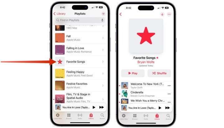 Screenshots zeigen, wie Sie die Wiedergabeliste „Lieblingslieder“ in Apple Music finden.
