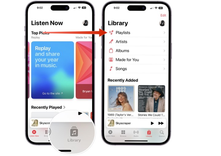 Screenshots, die die Schritte zum Favoriten einer Playlist in Apple Music zeigen. 