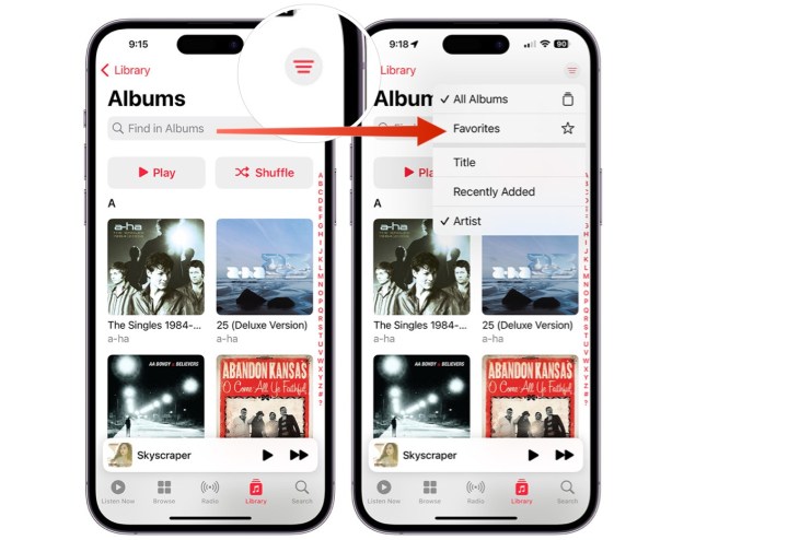 Screenshots, die zeigen, wie man Favoriten in der Apple Music App findet.