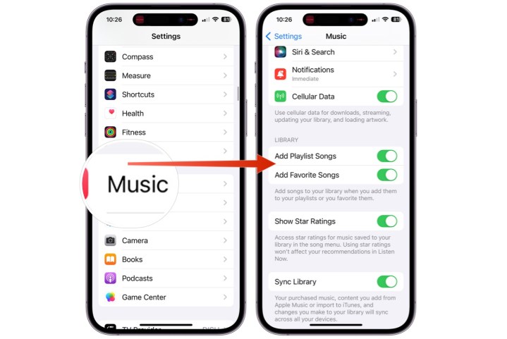 Screenshots, die zeigen, wie Sie die Möglichkeit zum automatischen Speichern von Lieblingselementen in Apple Music ein-/ausschalten können.