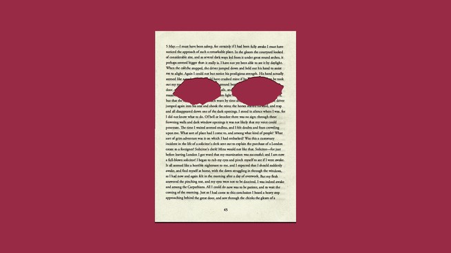 Eine Illustration einer Seite aus einem Roman mit ausgeschnittenen Augenlöchern