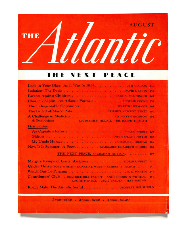 Bild des Covers von The Atlantic vom August 1939, mit Untertiteln "Der nächste Frieden" mit rotem Hintergrund und weißem Logo