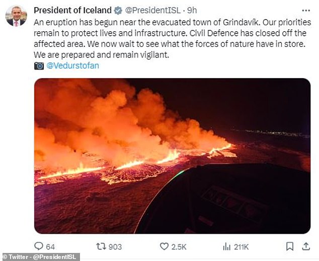 Der isländische Präsident sagt, dass das Gebiet abgeriegelt wurde und dass die Behörden die Entwicklung der Situation weiterhin beobachten