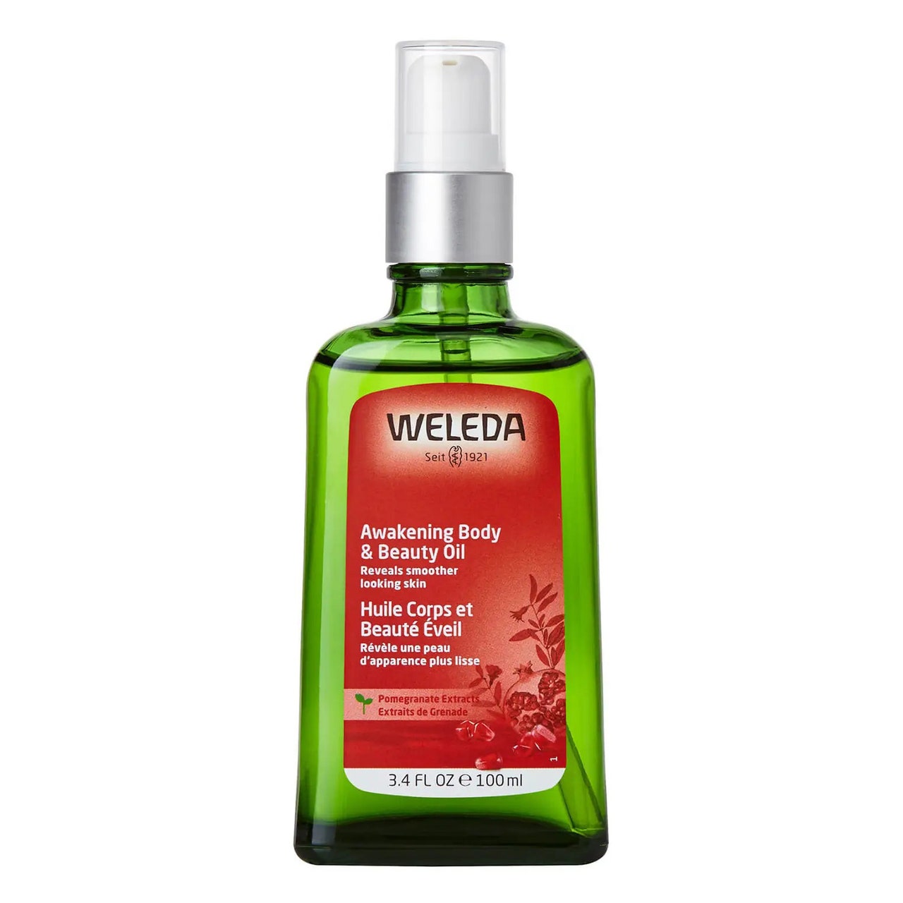 Weleda Awakening Body & Beauty Oil grüne Sprühflasche mit rotem Etikett auf weißem Hintergrund