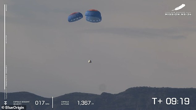 Drei Minuten später landete die Kapsel und wurde von ihren Fallschirmen zurück zur Erde geschleudert