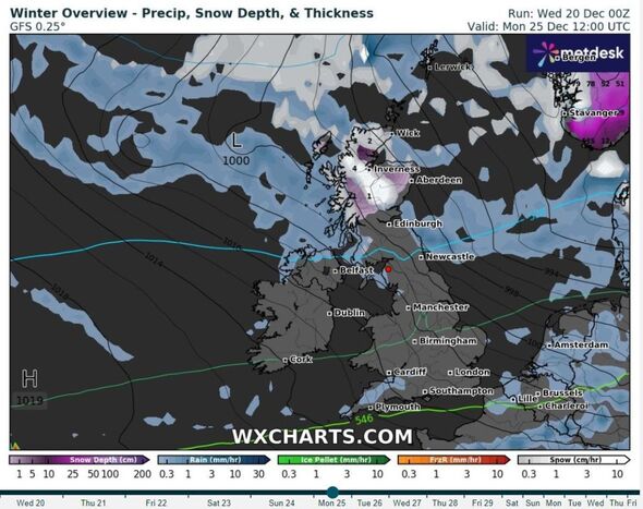 Wetterkarte mit Schnee in Schottland