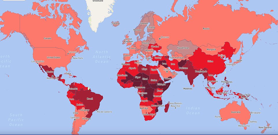 KLIMAWANDELRISIKO: Diese Karte zeigt Länder, die nach Klimaänderungsrisiken kategorisiert sind: „Sehr niedrig“ in Hellviolett, „Niedrig“ in Hellrosa, „Mittel“ in Rot, „Hoch“ in Lila, „Sehr hoch“ in Dunkelviolett