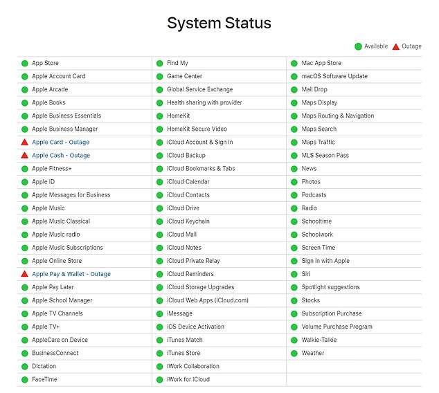 Das Systemstatus-Dashboard des Technologieriesen zeigte, dass Apple Card, Cash und Pay & Wallet am Mittwoch etwa fünf Stunden lang nicht verfügbar waren