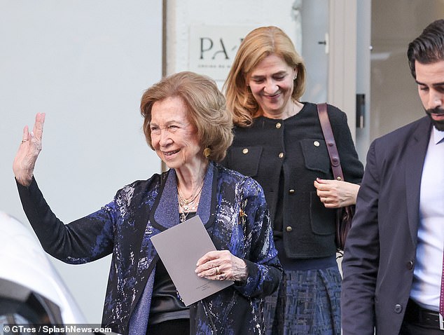 Felipe's mother, Emeritus Queen Sofia, left, made an appearance in a chic patterned blue blazer. Meanwhile, her daughter Infanta Cristina opted for a black cropped jacket