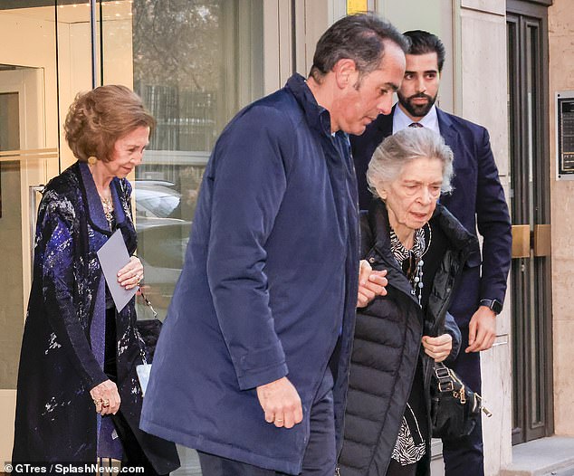 Pictured: Emeritus Queen Sofia and Irene of Greece joined in during today's birthday gathering