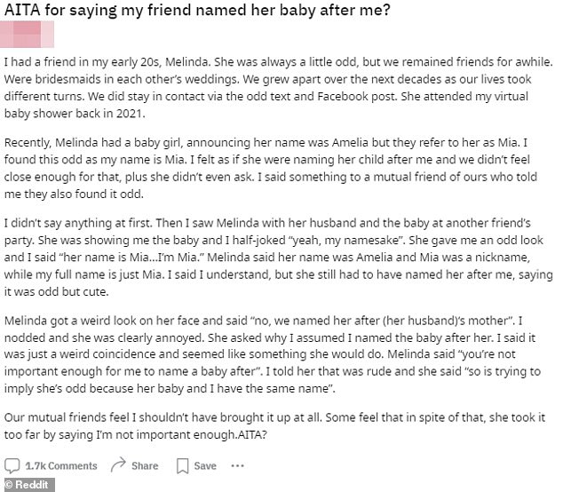 Redditoren brandmarkten diese Frau als „egoistisch“, weil sie Anstoß nahm, als eine nicht nähere Freundin ihr Kind nach ihrem Spitznamen benannte