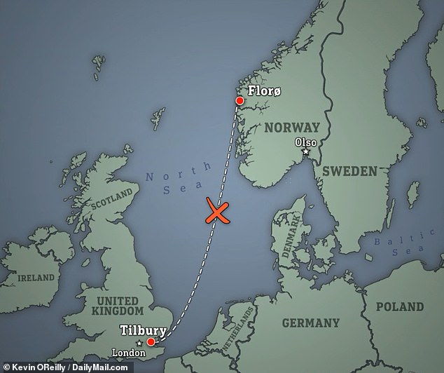 Die Karte zeigt die Route der MS Maud von Floroe nach Tilbury, bevor sie in der Nordsee ihre Navigationsfähigkeit verlor