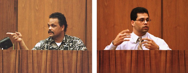 Links: Bild von John Gonsalves beim Prozess gegen Frank Pauline.  Rechts: Bild von Pauline.