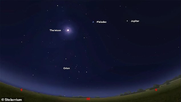 Fortgeschrittenere Sterngucker können dieses Wochenende rechts vom Mond den Sternhaufen der Plejaden und Jupiter finden, die beide mit bloßem Auge sichtbar sein werden